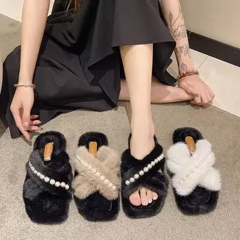 Мода 2024 женские тапочки из флока роскошные шлепанцы меховые шлепанцы на платформе новые дизайнерские плюшевые мягкие плоские туфли с мехом римские резиновые модные 35 хаки