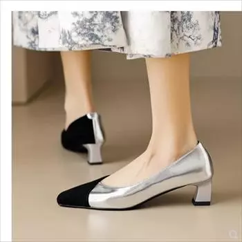 Мода 2024 Женские туфли-лодочки Лоскутные туфли-лодочки с квадратным носком Слипоны Дизайнерские туфли Черные, золотые, серебристые Разноцветные туфли на высоком каблуке Осень 35 золотой