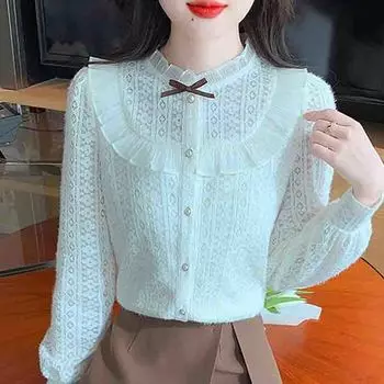 Мода 2024 Зима Длинный Рукав Воротник Оборки Тонкий Абрикосовый Бархатный Кружева Блузка Рубашка Женские Топы Блузки Рубашки J810 S абрикосовый