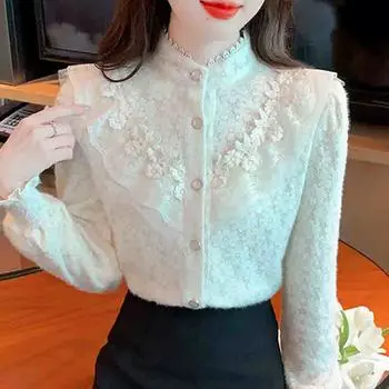 Мода 2024 Зима Длинный рукав Воротник-стойка Тонкий оборки Бархатная кружевная блузка рубашка Женские топы Блузки Рубашки J814 S абрикосовый