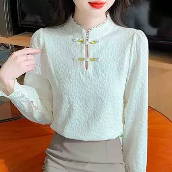 Мода 2024 Зима Китайский Стиль Длинный Рукав Воротник Стойка Бархатная Блузка Рубашка Женские Топы Блузки Рубашки J807 S абрикосовый