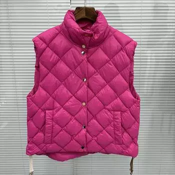 МОДА 2024 зима маленькая золотая пряжка подол завязка короткий ромбовидный жилет воротник стойка белый утиный пух женский жилет Одежда S белый