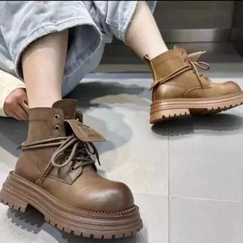 Мода 2024 Зима Модные и Удобные Женские Ботинки На Толстой Подошве, Согревающие До Щиколотки, Короткие Ботинки На Шнуровке 35