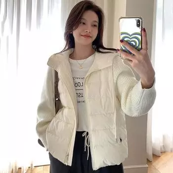 МОДА 2024 зима новая корейская версия свободная мода трикотажная сращивание с капюшоном пуховик женская зимняя теплая одежда M
