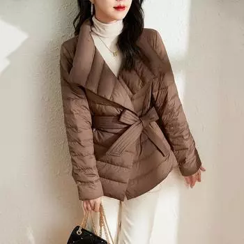 МОДА 2024 зима новая мода пояс талия тонкий пуховик женский короткий дизайн теплая Одежда S хаки