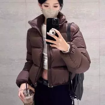 МОДА 2024 Зима Новинка Fengken Bean Down CottonЖенская короткая маленькая высокая талия стоячий воротник BreadNo Хлопковая одежда S темно-коричневого