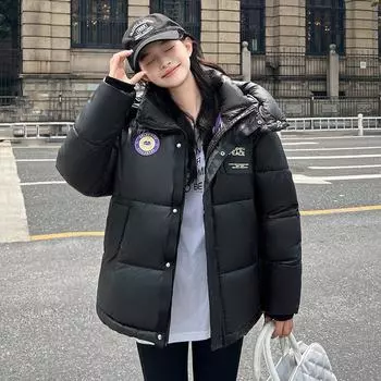 МОДА 2024 Зима Новинка Пуховая утепленная женская короткая свободная блестящая кожаная утепленная женская утепленная одежда с капюшоном M чёрный