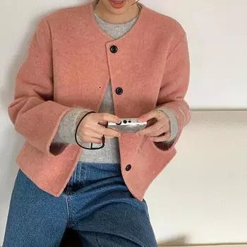 МОДА 2024 Зима Новое кашемировое пальто Розовое короткое шерстяное пальто Шерстяная куртка Женская одежда average size оранжевый