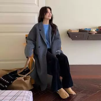 МОДА 2024 Зима Новое женское двухстороннее кашемировое пальто Женский длинный костюм Шерстяное пальто Куртка Одежда average size