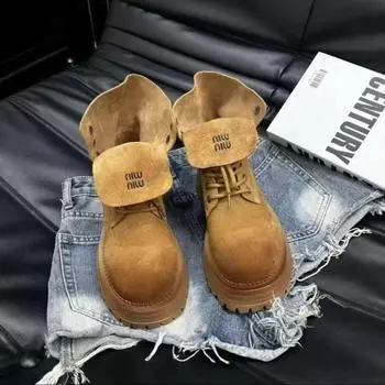 Мода 2024 Зима Новые Модные Женские Ботильоны На Толстой Подошве Теплые Шнуровка Однотонные Ботильоны 35 абрикосовый