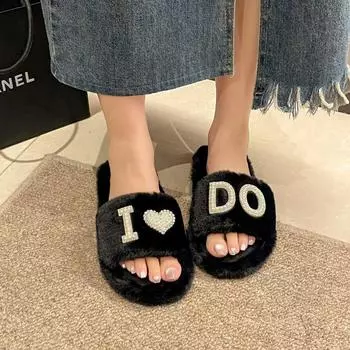 Мода 2024 Зима Новые Модные Женские Однотонные Плюшевые Тапочки с Перлами 36-37 чёрный