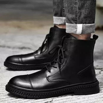 Мода 2024 Зима Новые мужские ботинки из натуральной кожи Теплые бархатные высокие туфли Мужские хлопковые туфли Деловые ботинки Мотоциклетные ботинки 38