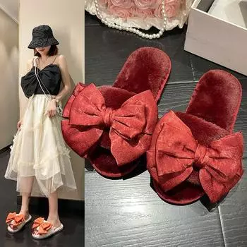 Мода 2024 Зима Новые женские домашние однотонные тапочки из хлопка с бантом 36 чёрный
