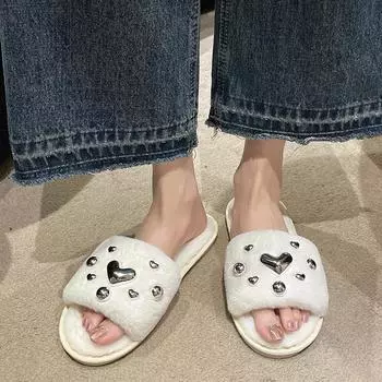 Мода 2024 Зима Новые женские домашние однотонные тапочки в горошек с принтом «любовь» из пушистого хлопка 36-37 чёрный