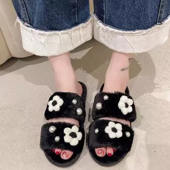 Мода 2024 Зима Новые женские домашние однотонные цветочные жемчужные пушистые хлопковые тапочки 36-37 чёрный