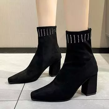 Мода 2024 Зима Новые женские хрустальные толстые роскошные ботильоны Дизайнерские туфли на высоком каблуке с квадратным носком на молнии 35 чёрный