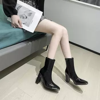 Мода 2024 Зима Новые женские короткие сапоги с квадратным носком Модные высокие каблуки с боковой молнией Удобные повседневные женские короткие модные сапоги 35