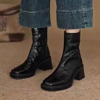 Мода 2024 Зима Новые женские модные ботинки Ретро однотонные ботильоны с круглым носком в британском стиле Модные высокие каблуки Женская обувь 35