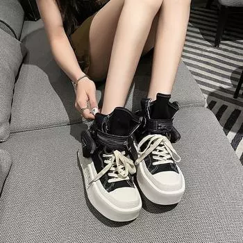 Мода 2024 Зима Новые женские модные повседневные теплые туфли на толстой подошве с высоким берцем 35 чёрный