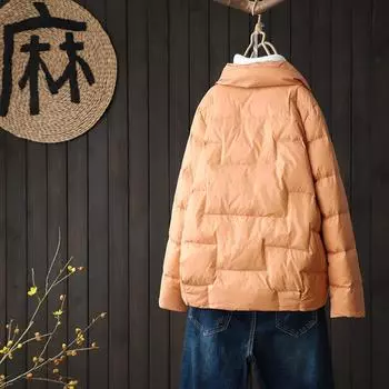 МОДА 2024 зима новый белый утиный пух воротник стойка свободный и тонкий, легкий и теплый короткий женский пуховик Одежда S хаки