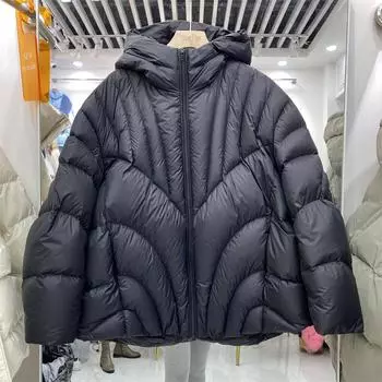 МОДА 2024 Зима Новый Белый Утиный Пуховый Плащ Цзяннань Утолщенный Хлебный Пух Женская Зимняя Короткая Одежда Кокон С Капюшоном S чёрный