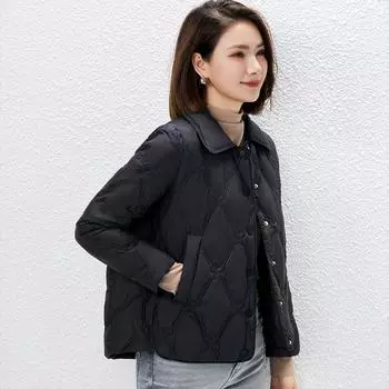 МОДА 2024 зима новый легкий пуховик женская простая мода темперамент рубашка воротник средняя легкая короткая термо Одежда S чёрный