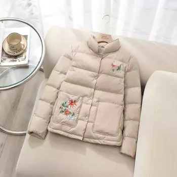 МОДА 2024 зима новый литературный вышитый цветок легкий тонкий пуховик женский короткий воротник стойка свободный китайский стиль Одежда M чёрный