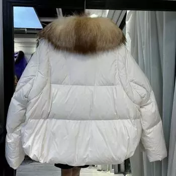 МОДА 2024 Зима Новый Мех Большой Лисий Волос Воротник Белый Гусиный Пух Серебряный Лисий Волос Пух Теплый Капюшон Женская Одежда M зелёный