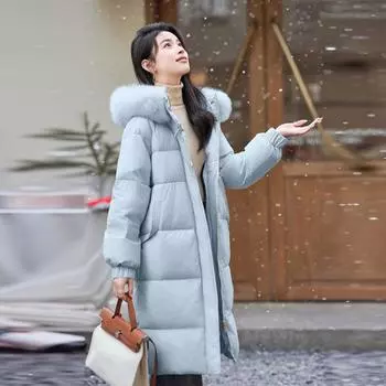 МОДА 2024 зима новый мех лисы белый утиный пух корейская версия тонкая куртка холодный большой меховой воротник длинный пуховик женская одежда Одежда S сине серый
