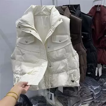 МОДА 2024 зима новый меховой сращивание белый утиный пух жилет повседневный универсальный Одежда M чёрный