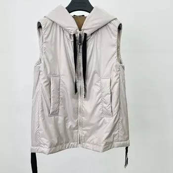 МОДА 2024 Зима Новый Молния Белый Утиный Пух С Капюшоном Теплый Мягкий Сложенный Пуховый Жилет Женская Одежда M бежевый