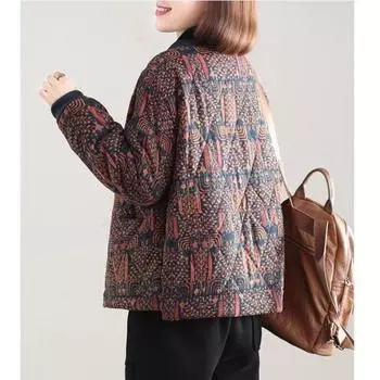 МОДА 2024 зима новый мясной чехол повседневный принт ретро иностранный стиль круглый вырез подбитый хлопковый подбитый хлопковый подбитый одежда, женская одежда M темно-синий