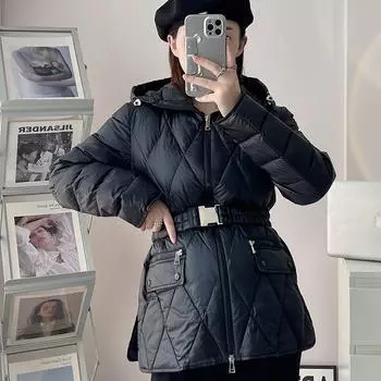 МОДА 2024 Зима Новый Продукт Ромб Короткий С Капюшоном Легкий Модный Повседневный Пуховик Женская Зимняя Одежда S чёрный