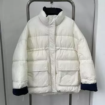 МОДА 2024 Зима Новый Пуховик ХлопокЖенская Свободная Большая Карманная Стоячий Воротник Короткий Хлопок Утолщенный ХлебМодная Одежда S чёрный