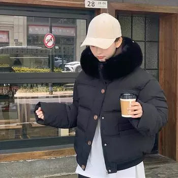 МОДА 2024 Зима Новый Пуховик Свободный Женский Свободный Теплый Повседневный Короткий Большой Меховой Воротник Утолщенный Теплый Одежда S чёрный