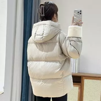 МОДА 2024 зима новый пуховик женский короткий из искусственной кожи сращивание утолщенный с капюшоном свободный композитный овечья шерсть большой размер Одежда S хаки