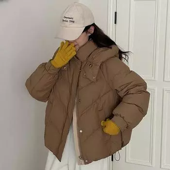 МОДА 2024 зима новый пуховик женский свободный BF ветровка с капюшоном короткая хлопковая подбитая одежда хлопковые подбитые куртки утолщенная одежда из хлеба модная одежда S чёрный