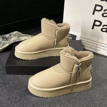 Мода 2024 Зима Новый Стиль Кожа и Бархат Толстая Подошва Теплые Зимние Сапоги Боковая Молния Модные Короткие Сапоги Женские Уличные Хлопковые Туфли 35