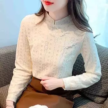 Мода 2024 Зима В китайском стиле Длинный рукав Воротник-стойка Абрикосовый бархат кружевная блузка рубашка Женщины Топы Блузки Рубашки J767 S абрикосовый