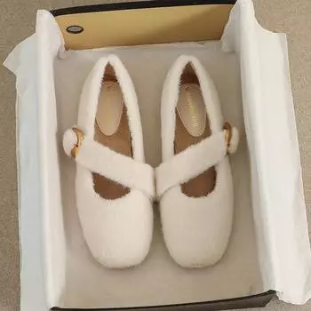 Мода 2024 Зима Женские Плюшевые Туфли Плоские Туфли Корейский Стиль Ремень Пряжка Деловая Женская Офисная Одежда Мэри Джейн Женские Повседневные Туфли-лодочки 41-43 35 слоновая кость