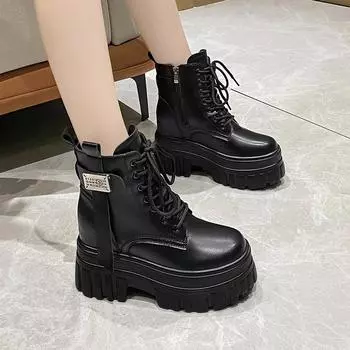 мода 2024 зимние ботинки высокие мотоциклетные ботинки на танкетке теплые женские ботинки на толстой подошве новые осенние кожаные туфли для женщин 33