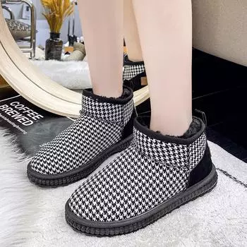 Мода 2024 Зимние мини-сапоги для снега Женские теплые утолщенные плюшевые ботильоны с узором «гусиная лапка» Лидер продаж Женские повседневные короткие сапоги 36