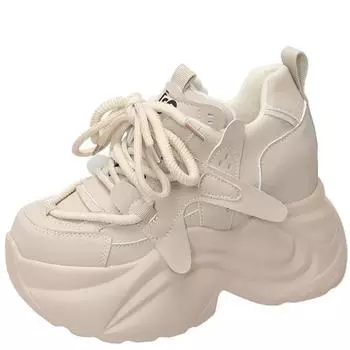 Мода 2024 Зимние Теплые Мягкие Кожаные Кроссовки Женские Спортивные Туфли На Высокой Платформе На Шнуровке 10 СМ Каблуки Меховые Зимние Туфли Женские 34 коричневый