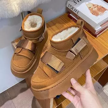 Мода 2024 зимние женские плюшевые зимние сапоги теплые лодыжки снежные на платформе дизайнерские замшевые меховые удобные теплые хлопковые туфли женские короткие ботинки 35 чёрный