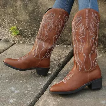 Мода 2024 Зимние женские сапоги до середины икры Горячая Распродажа Туфли без застежек для женщин Острый носок Квадратный каблук Женские сапоги Повседневная обувь Женская 35 коричневый