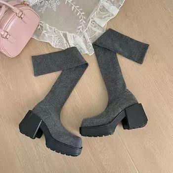 мода 2024 зимние женские сапоги выше колена трикотажные сапоги на толстом каблуке длинные сапоги женские туфли на платформе 35 чёрный