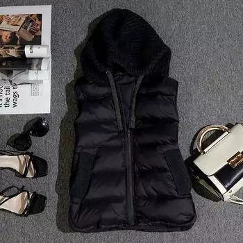 МОДА 2024 Зимняя игольница челнок соответствие ткани средняя и тонкая мода белый гусиный пух жилет с капюшоном жилет жилет Одежда S чёрный
