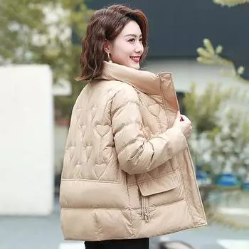 МОДА 2024 зимняя короткая пуховая куртка среднего возраста из белого утиного пуха, новая зимняя модная одежда для женщин среднего и пожилого возраста с воротником-стойкой M хаки