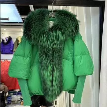 МОДА 2024 Зимняя лисья большая меховая шуба воротник женский короткий меховой воротник из натурального меха модная нить длинный рукав зимняя одежда M зелёный