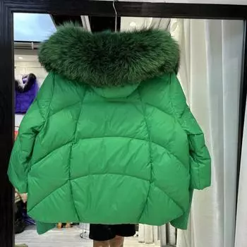 МОДА 2024 Зимняя лиса большой меховой воротник с капюшоном пух женский короткий меховой воротник из натурального меха модная прошитая одежда с длинным рукавом M зелёный